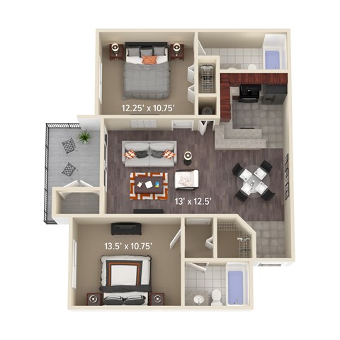 Floor plan for 2 beds, 2 baths, 1027 sqft